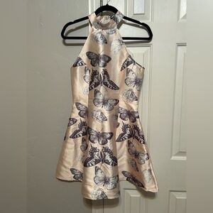 Boohoo Butterfly Print Halter Fit-and-Flare Dress in Blush